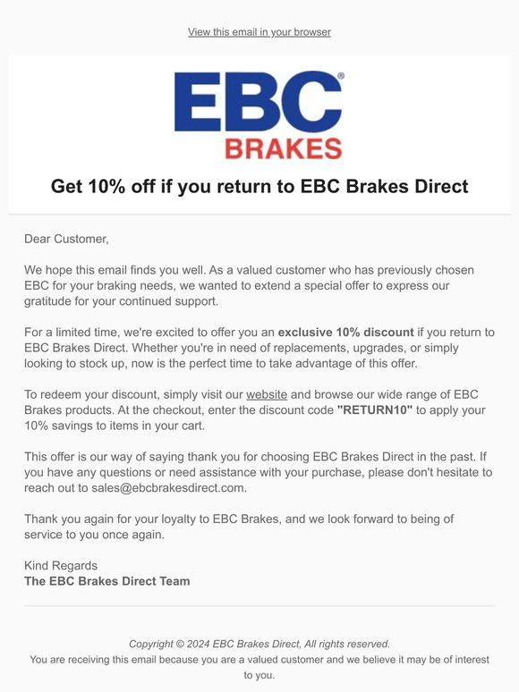 Get 10% off if you return to EBC Brakes Direct!