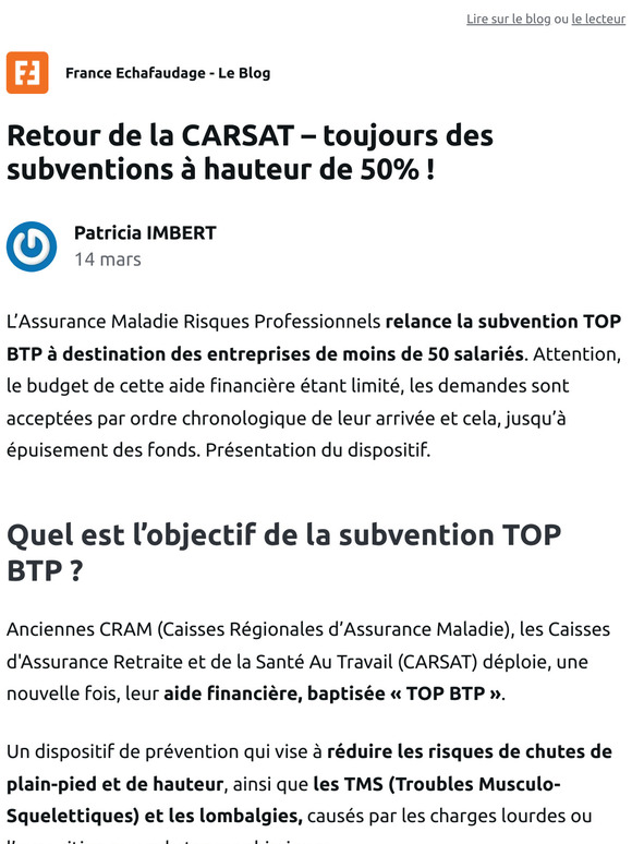 Retour de la CARSAT – toujours des subventions à hauteur de 50% !