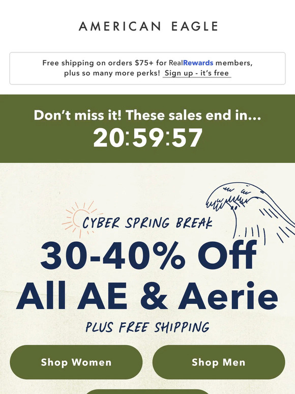 American Eagle: LAST DAY: 30-40% off + FREE shipping ☘️