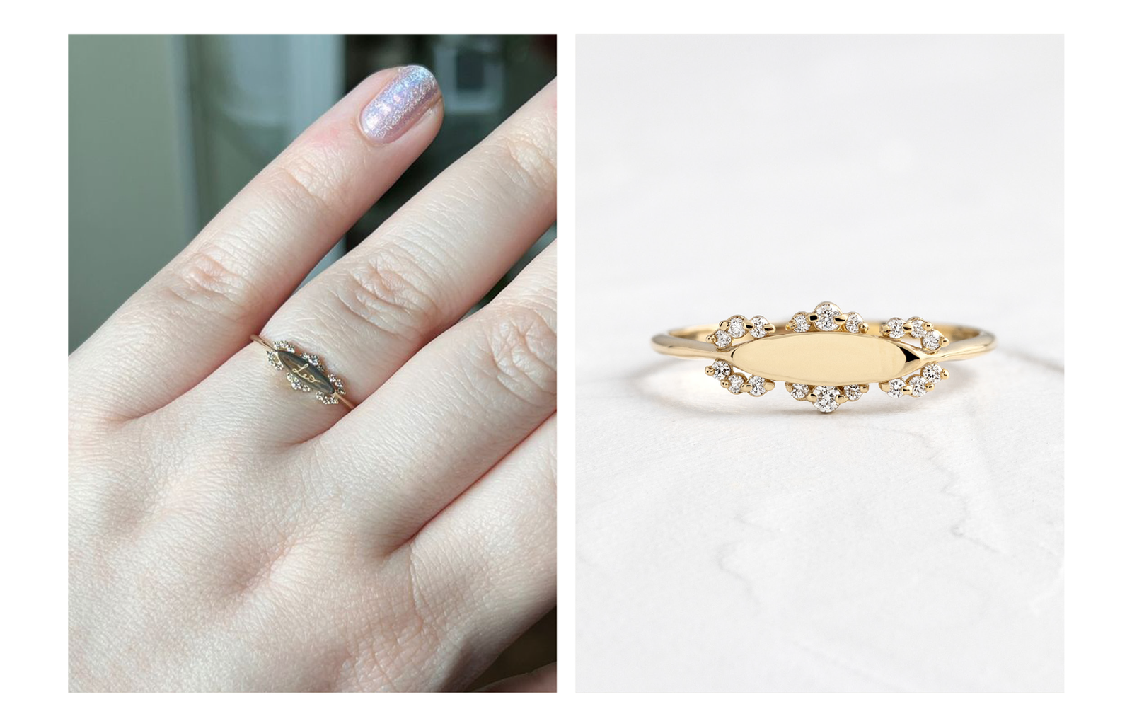 "Leo" signet ring shown on customer Olga Z.'s hand as well as on a textured white background.