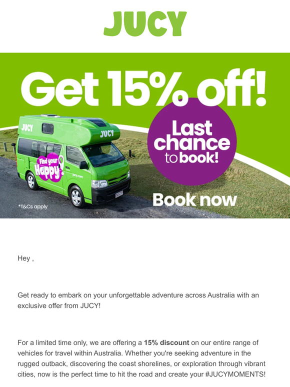 Discover Australia's wonders with 15% off at JUCY!