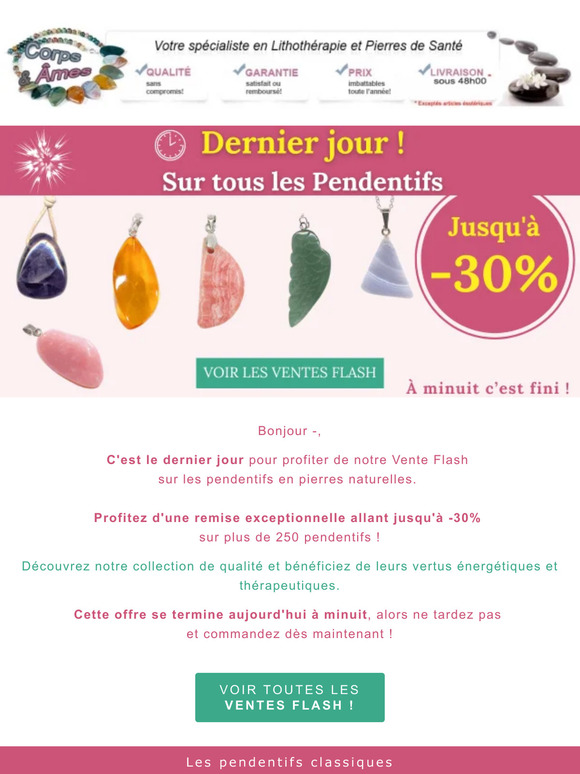 ⏰🔥 DERNIER JOUR : Jusqu'à -30% sur nos pendentifs en pierres naturelles !