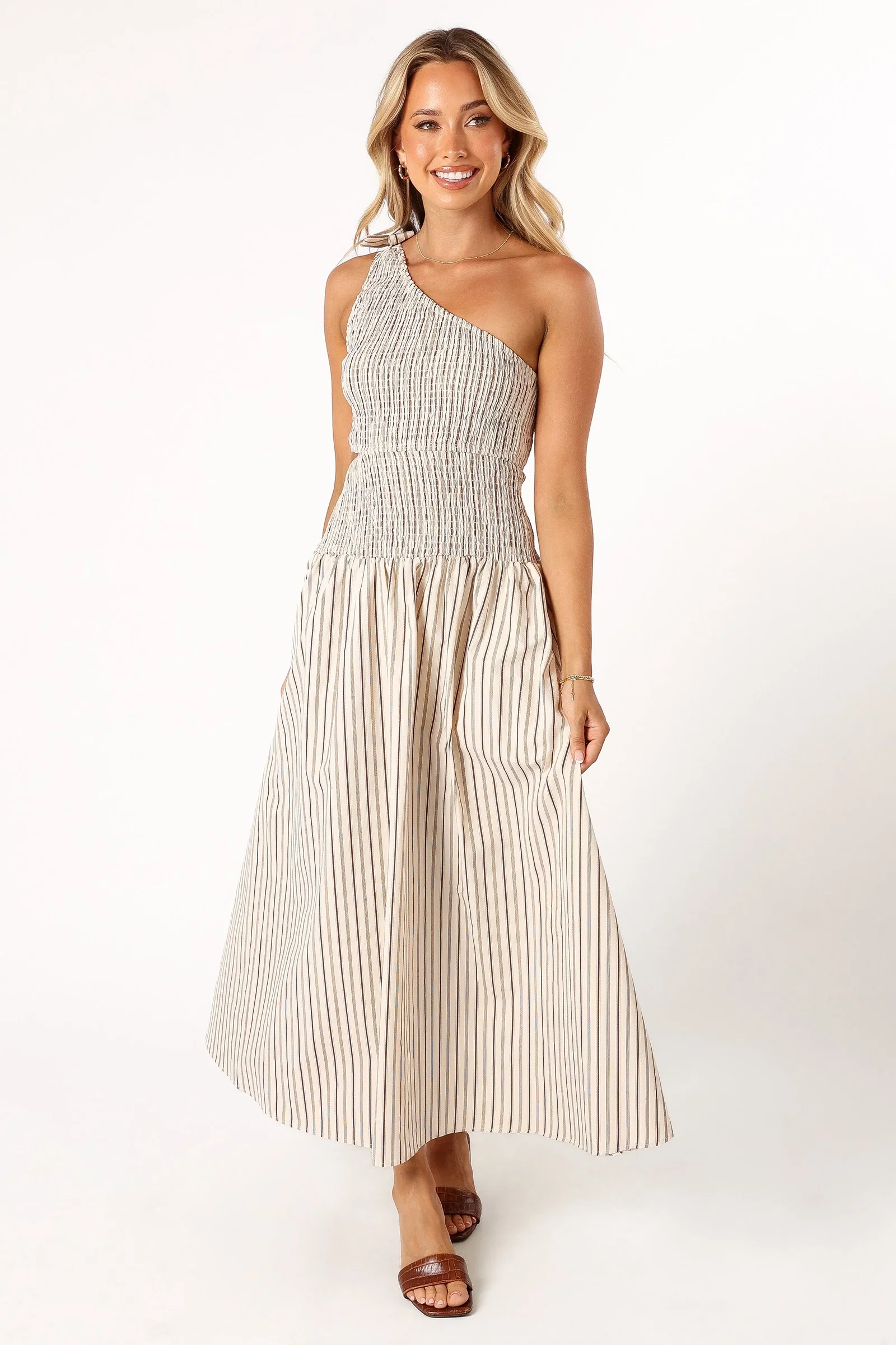 Image of Jordana One Shoulder Midi Dress - Brown Stripe