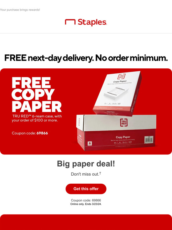 Staples Copy & Print Special deal! Claim a free TRU RED copy paper 6
