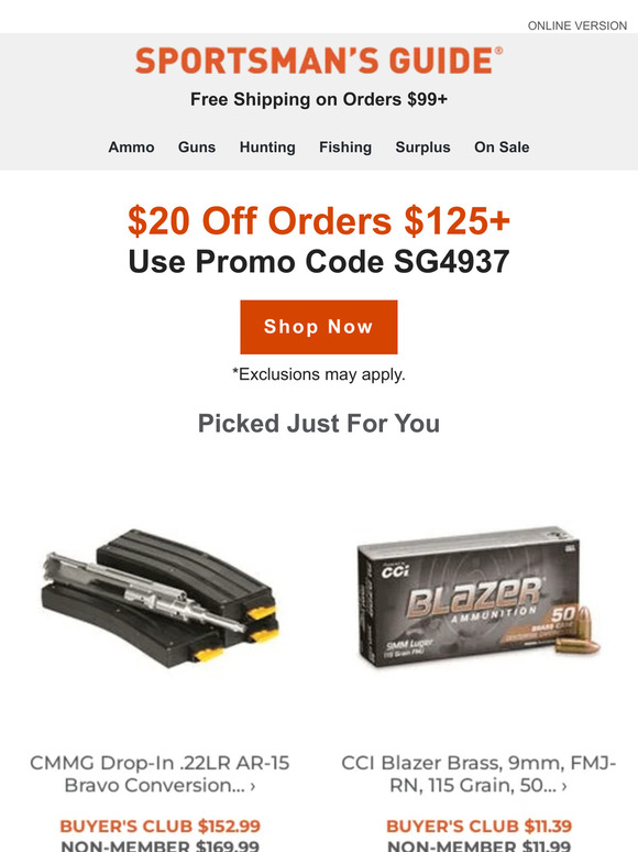 Sportsman's Guide 20 Off Orders 125+ Happening Now Milled