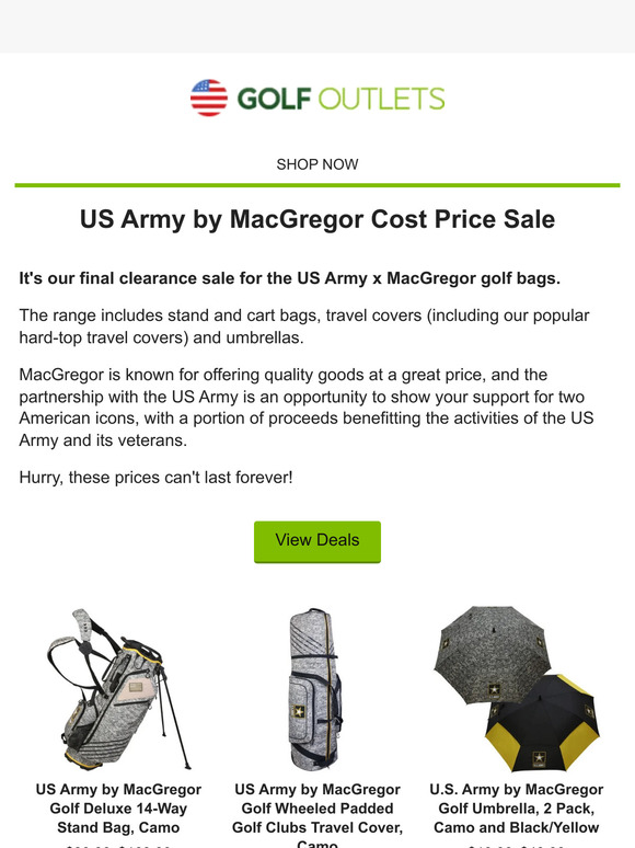 US Army Stand Bags $39.99, Cart Bags $49.99