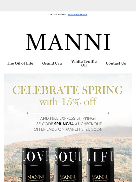 15% off! Update your pantry with MANNI Oil
