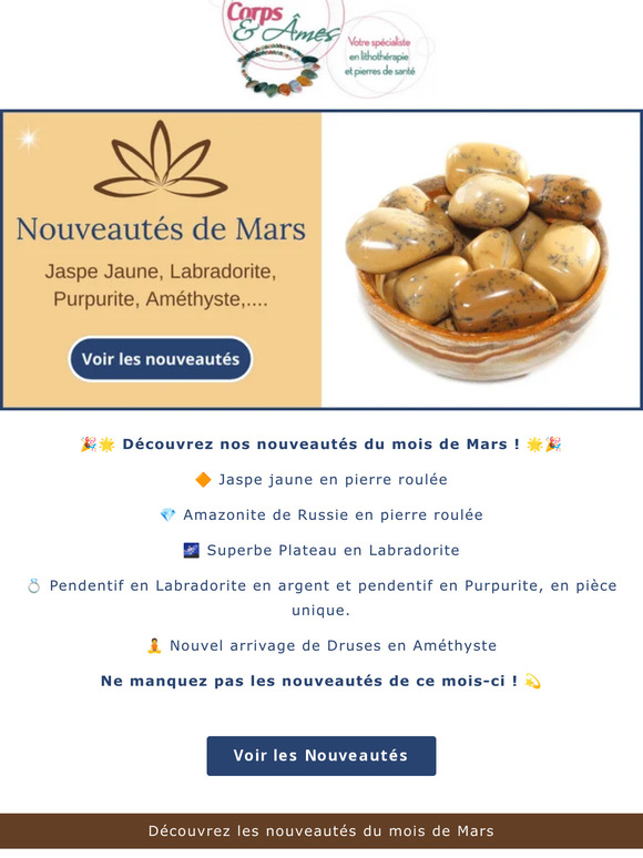 ✨ Les nouveautés du mois de Mars : Jaspe jaune, Labradorite, Druses en Améthyste !