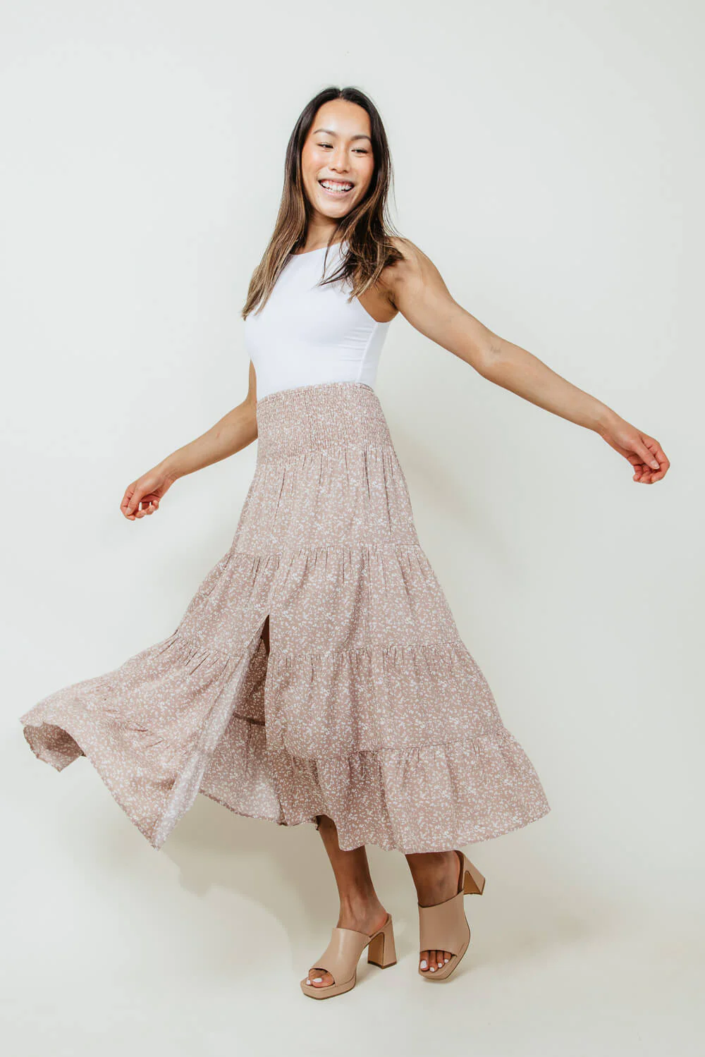 Image of Wishlist Floral Midi Skirt with Side Slit for Women in Taupe