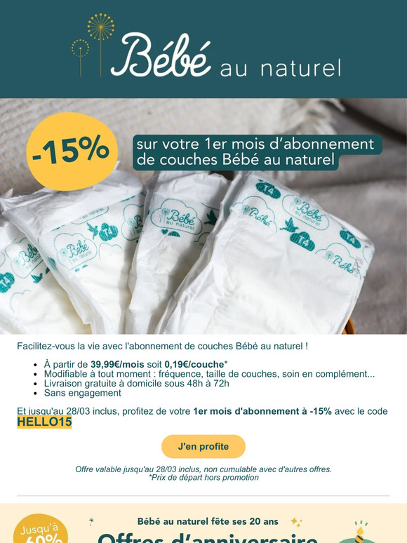 -15% sur votre 1er  mois d'abonnement de couches 🎁