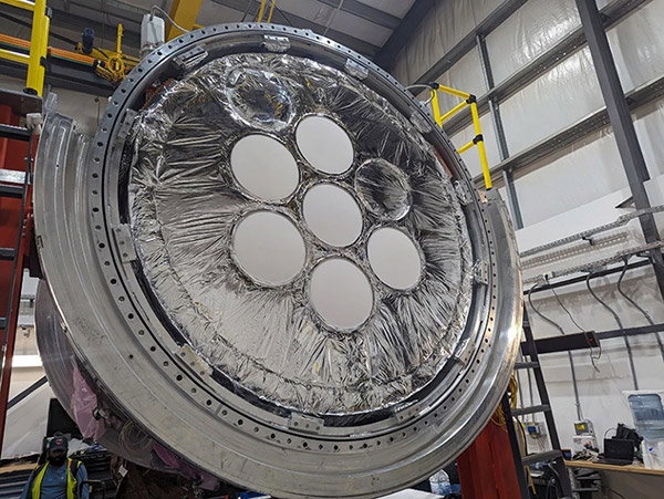 An image of the front of the Large Aperture Telescope Receiver (LATR) just before the final closing.