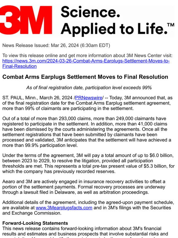 3M: Combat Arms Earplugs Settlement Moves to Final Resolution | Milled