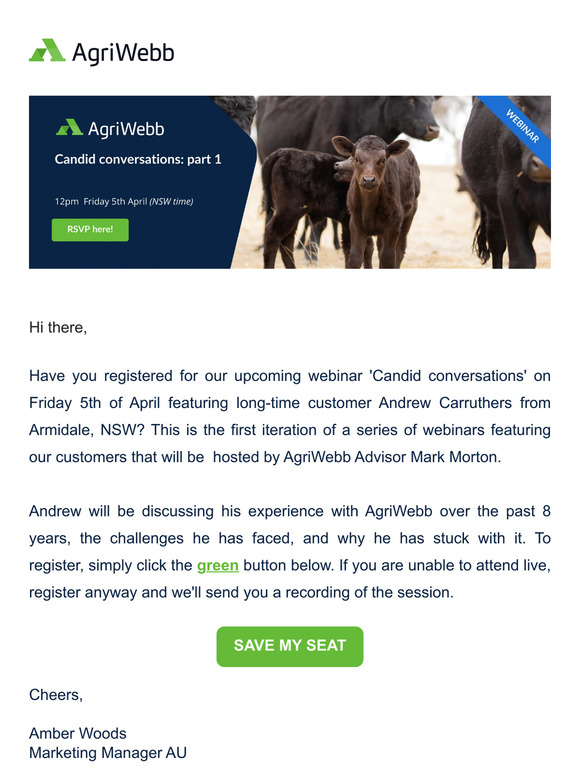 Have you registered for our next webinar? Candid conversations with an AgriWebb customer | 12pm April 5th 👨‍💻👩‍💻