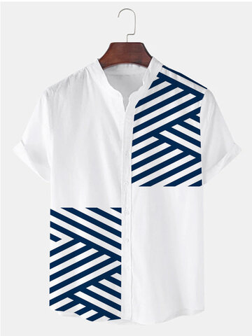 Striped Patchwork Stand Collar Shirts