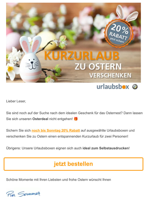 🐰 Noch schnell 20% Rabatt auf entspannende Kurzurlaube sichern! 🐰