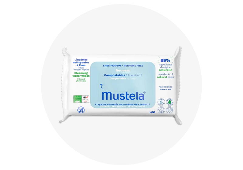 An image of Mustela’s Home Compostable Fragrance-Free Wipes