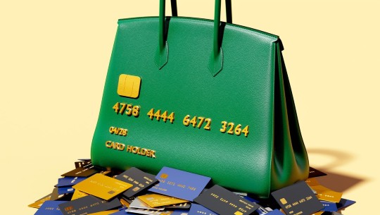 An illustration shows a handbag with credit card design on the side, on a stack of credit cards