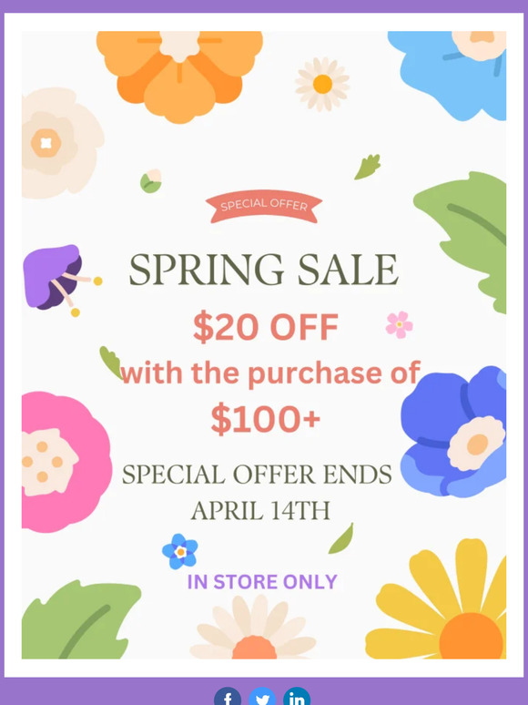 Spring Sale! Save $20 on orders over $100