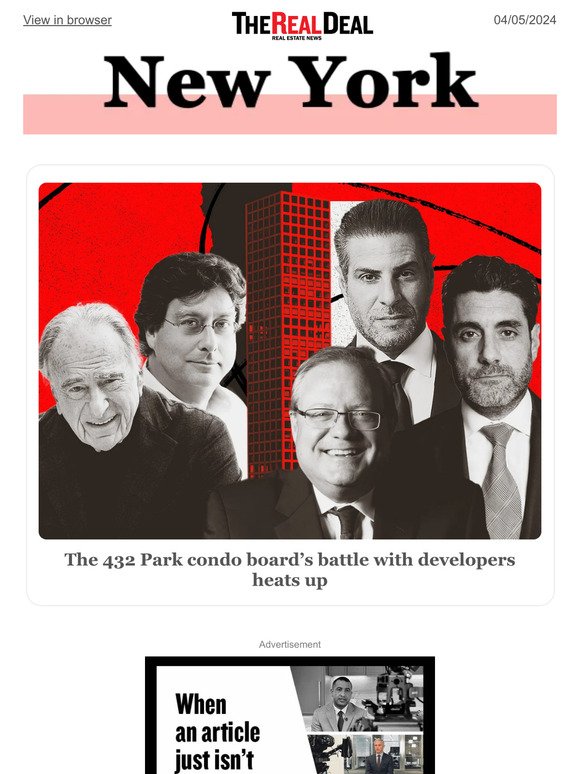 CIM goes on attack against 432 Park condo board; Cash deals dominate slow Q1 ... and more