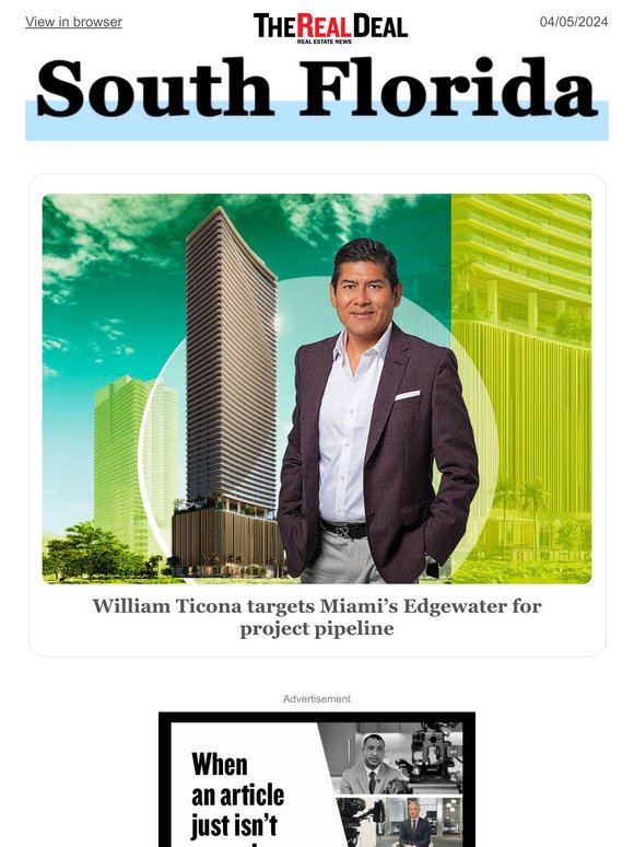 Ticona targets Miami’s Edgewater; Construction worker killed in crane collapse ... and more