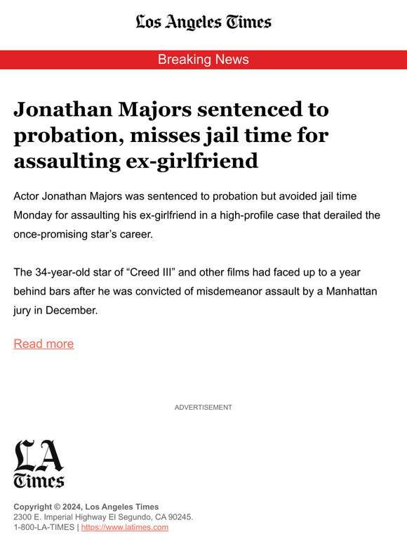 Jonathan Majors sentenced to probation, misses jail time for assaulting ex-girlfriend