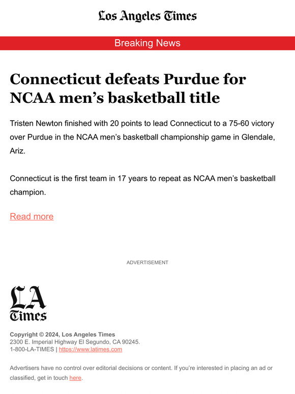 Breaking News: Connecticut defeats Purdue for NCAA men’s basketball title