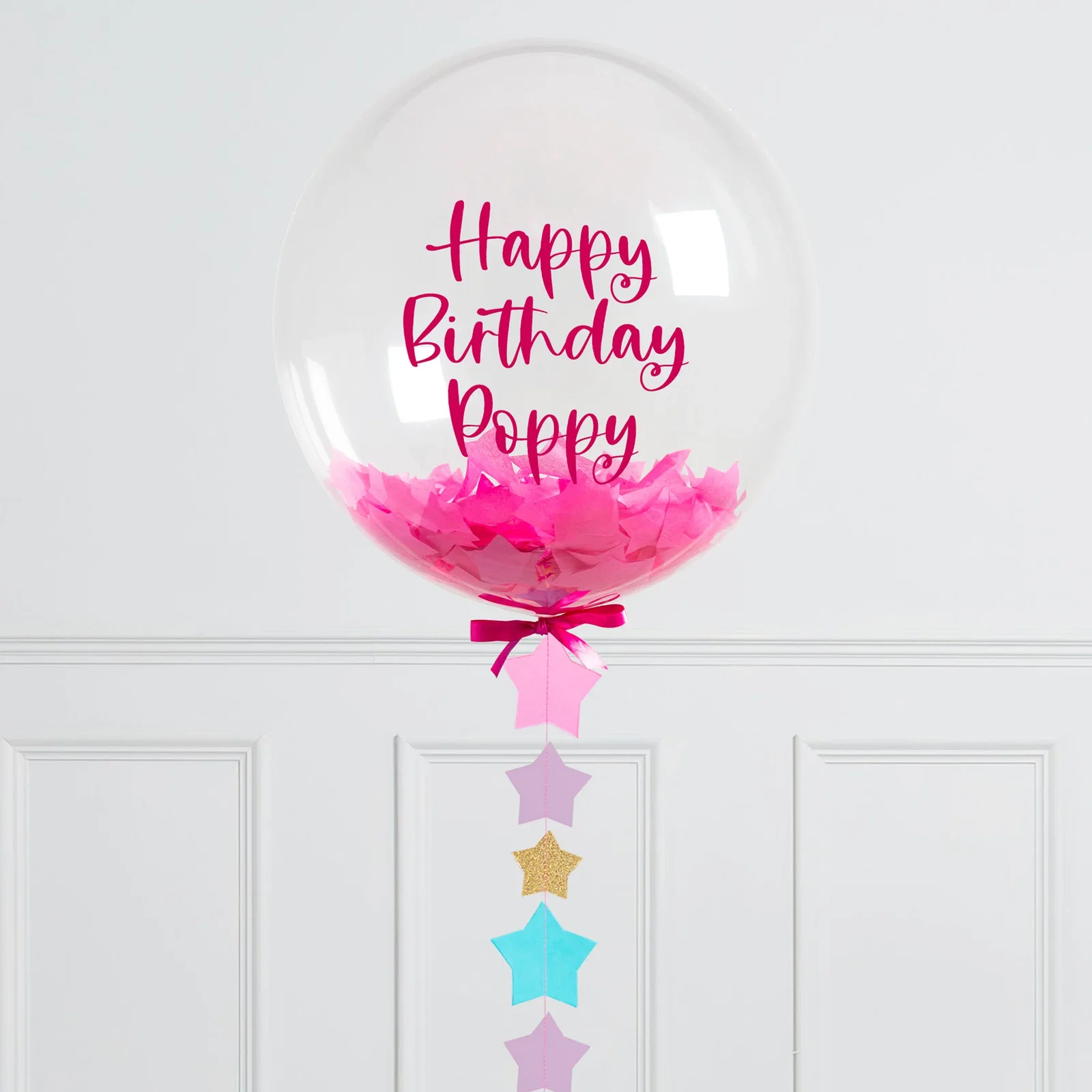 Personalised 20-Inch Pink Star Confetti Bubblegum Balloon - DELIVERED INFLATED!