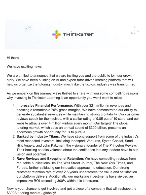 Join the Future of Learning: Become a shareholder in Thinkster!