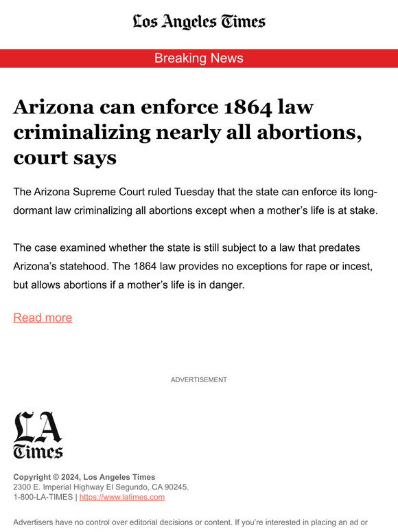 Arizona can enforce 1864 law criminalizing nearly all abortions, court says