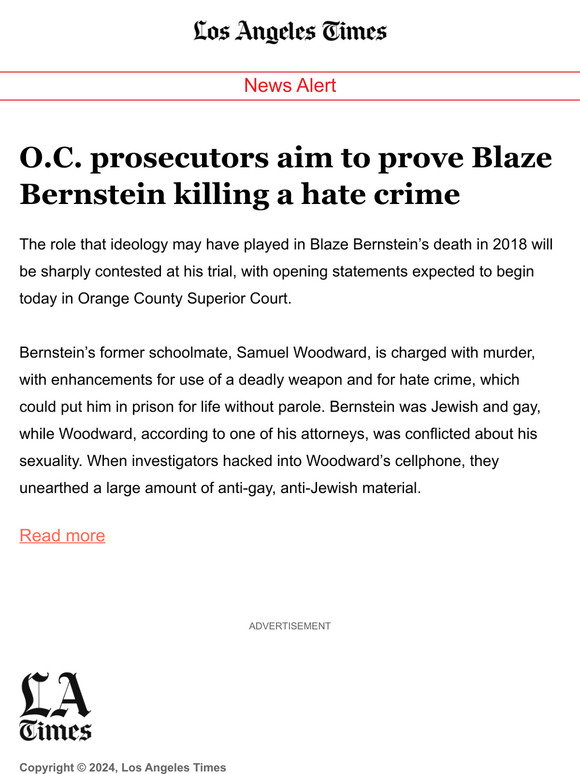 O.C. prosecutors aim to prove Blaze Bernstein killing a hate crime