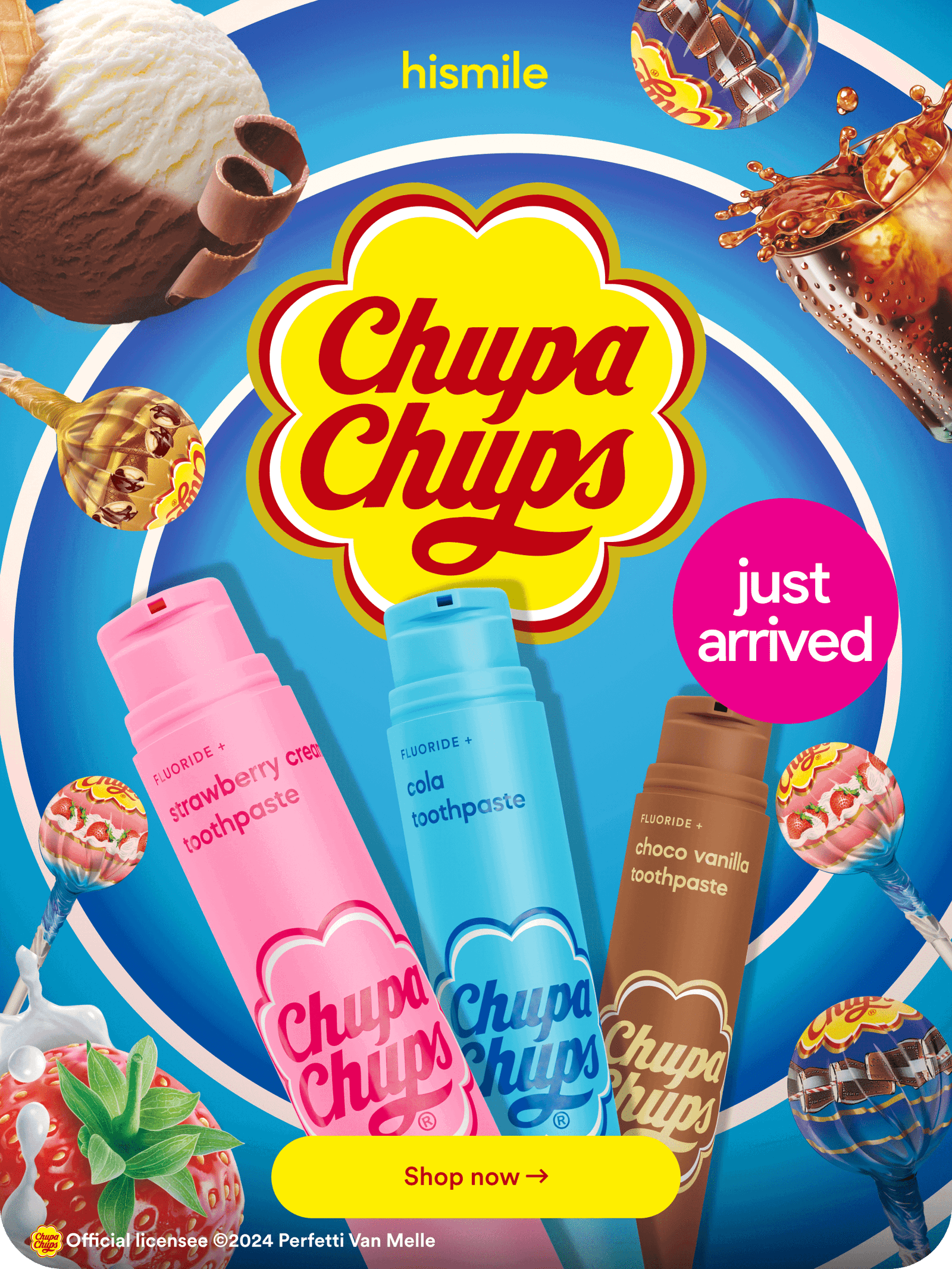 Chupa Chups flavoured toothpastes are here! Strawberry Cream, Cola and Choco Vanilla!