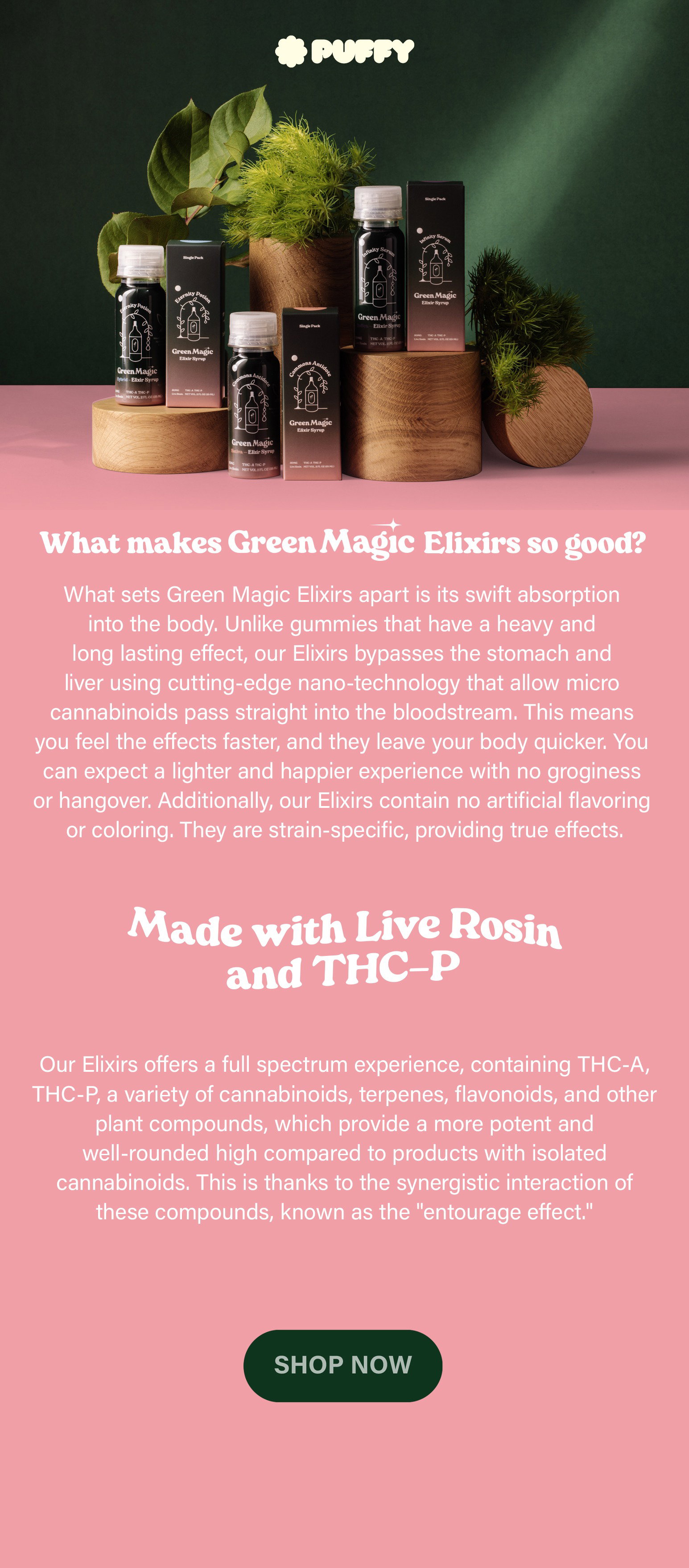 Explaining how Green Magic Elixir Syrup is effects are quick due to our nana-trechnology and explaining micro cannabinoids. Discusses our use ot Live Rosin and THC-P