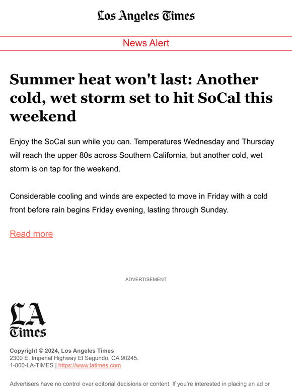 Summer heat won't last: Another cold, wet storm set to hit SoCal this weekend