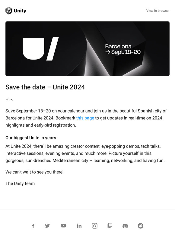 Unity Asset Store Save the date Unite 2024 in Barcelona Milled