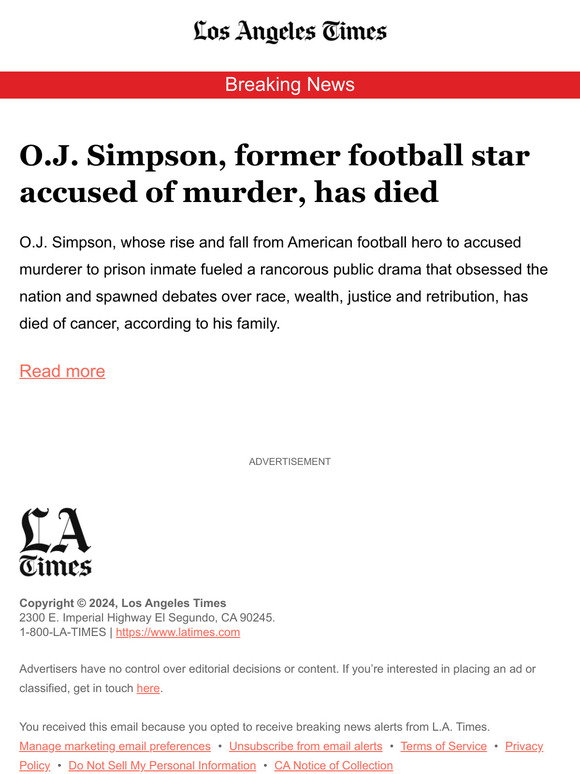 O.J. Simpson, former football star accused of murder, has died