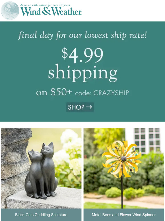 Wind and Weather Ending TODAY! 4.99 Shipping is Going Fast Milled