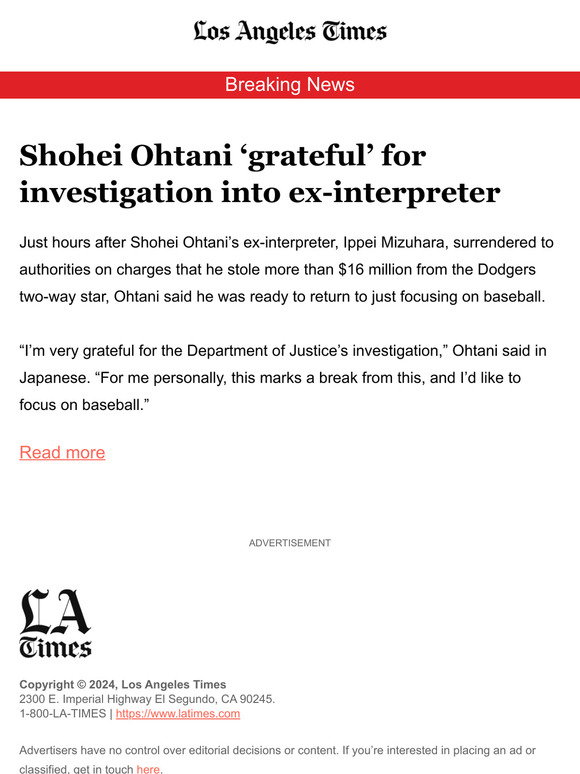 Breaking News: Shohei Ohtani ‘grateful’ for investigation into ex-interpreter
