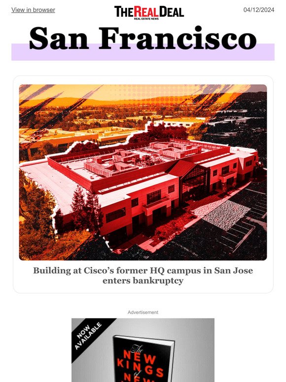 Building at former Cisco HQ enters bankruptcy; Fortress acquires loan linked to SF office ... and more
