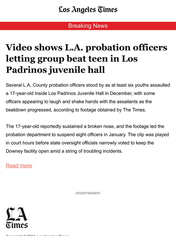 Video shows L.A. probation officers letting group beat teen in Los Padrinos juvenile hall
