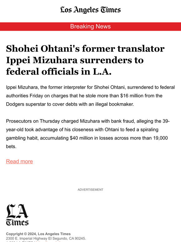 Shohei Ohtani's former translator Ippei Mizuhara surrenders to federal officials in L.A.