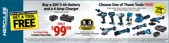 HERCULES: BUY A BATTERY & CHARGER - GET A FREE TOOL