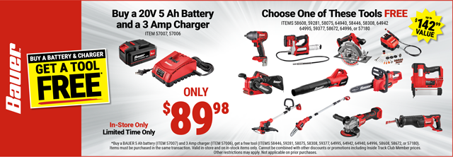 BAUER: BUY A BATTERY & CHARGER, GET A TOOL FREE. ONLY $89.98