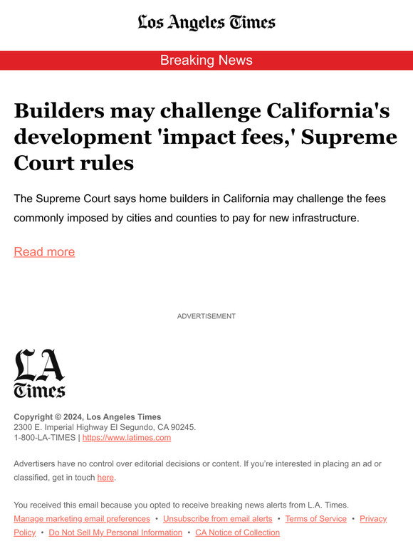 Builders may challenge California's development 'impact fees,' Supreme Court rules