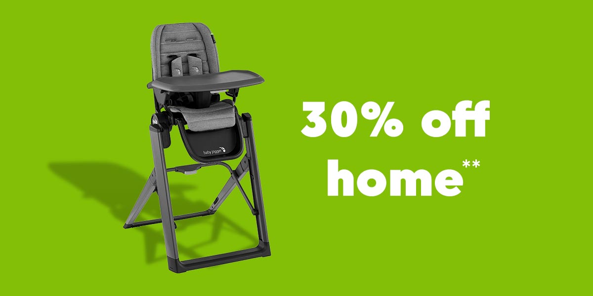 30% off home sale text next to a grey baby high chair on a green background
