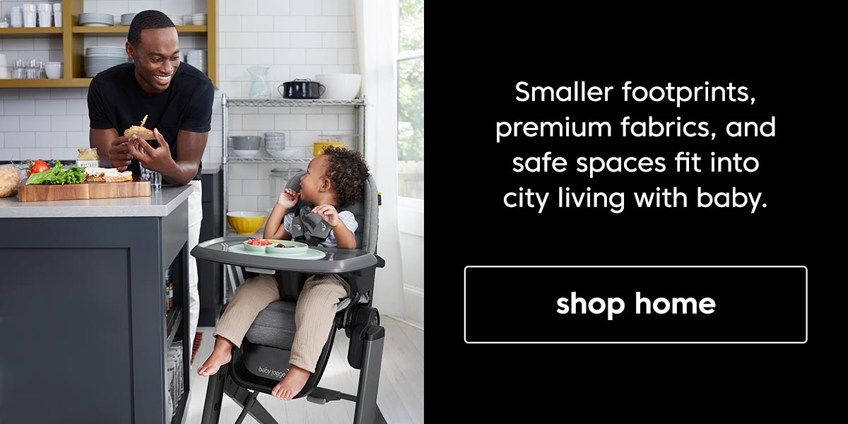 Man feeding a child in a high chair with text about lifestyle products and a Shop Home button