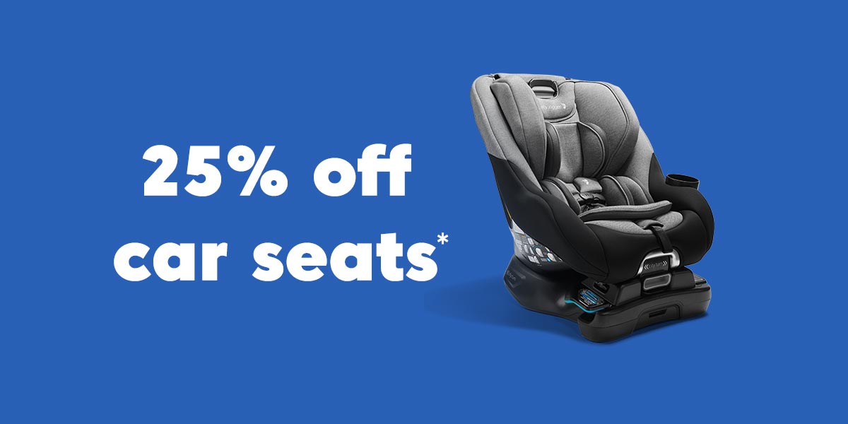 25% off car seats text with an image of a child's car seat on a blue background