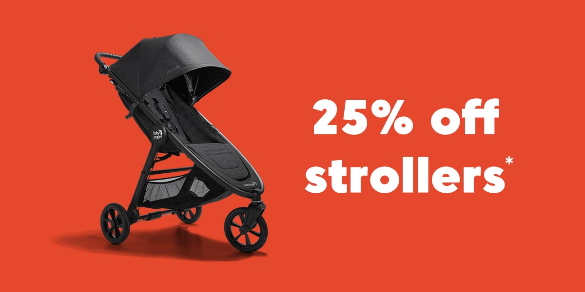 Black stroller on red background with sale text 25% off strollers