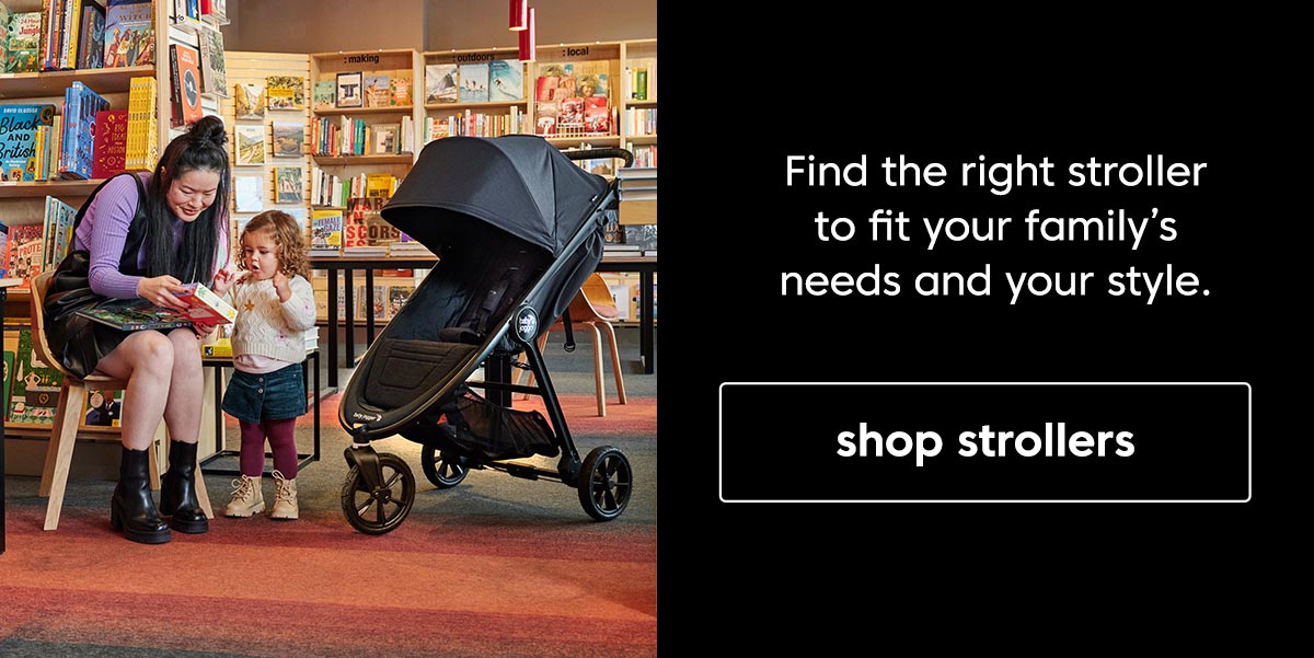 Woman reading to child in a bookstore next to a stroller with text and shop strollers button.