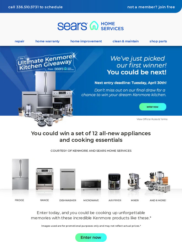 Sears Don't miss out 2nd Chance to win 12 new kitchen appliances
