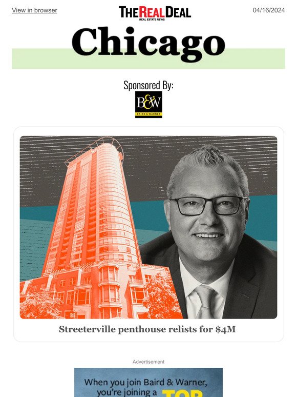 Streeterville penthouse relists for $4M; Sterling Bay, JPMorgan at odds with Wells Fargo on $230M Fulton Market debt ... and more